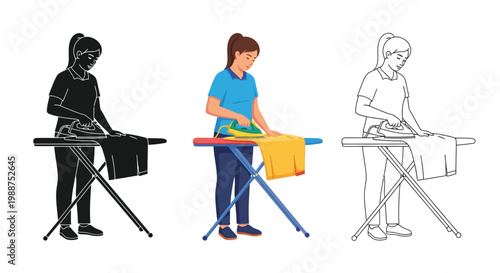 Young woman ironing clothes on a board presented as vector graphic illustration set for design projects