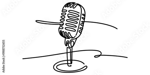 Continuous one line drawing of a vintage retro microphone on a stand for music and podcasting Vector, illustration