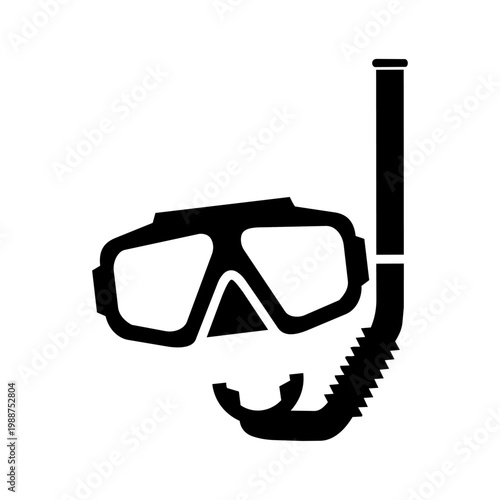 High-quality scuba diving equipment including a black mask and blue snorkel for summer leisure sports isolated on a white sandy beach for underwater swimming protection