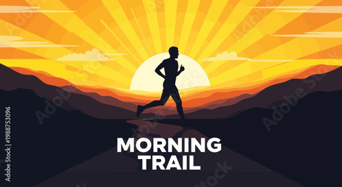 Sunrise Runner on Trail: A Morning Silhouette Against a Vibrant Mountain View