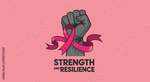 Symbol of Strength and Hope Against Adversity With Pink Ribbon and Hand Clenched
