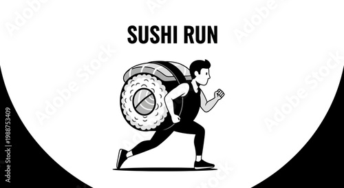 Sushi Run: Athlete Sprinting With A Giant Sushi Roll On His Back For A Restaurant