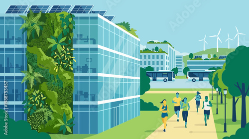 Sustainable City Ecosystem Depicting Urban Green Spaces, Renewable Energy, And Active Lifestyle