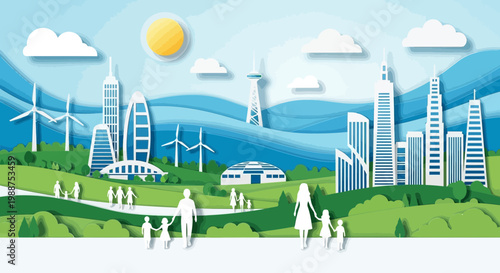 Sustainable City With Families And Modern Buildings In a Paper Cutout Style