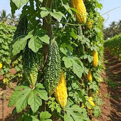 Bitter gourds on vine, green and yellow, ripening in a cultivated field