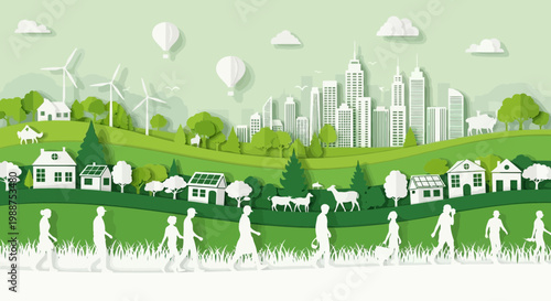 Sustainable Cityscape With Wind Turbines And Green Hills Showing Eco Friendly Living