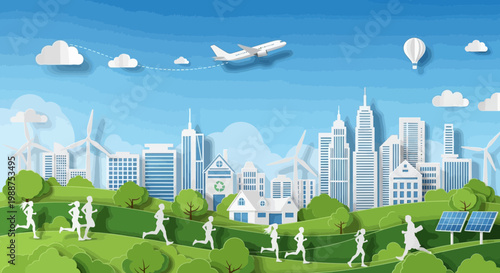 Sustainable Eco-City Landscape Depicting Renewable Energy And Healthy Lifestyle Practices