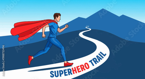 Superhero Runs along Winding Trail Towards Mountains Under Bright Sky with Dramatic Composition