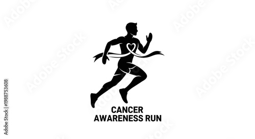 Symbolic Figure Runs for Cancer Awareness With Heart and Ribbon Graphic Design