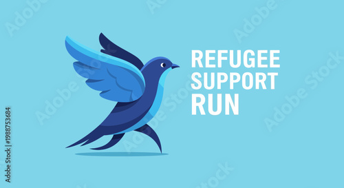 Supporting Refugee Run With A Flying Bird, Symbolizing Movement And Assistance