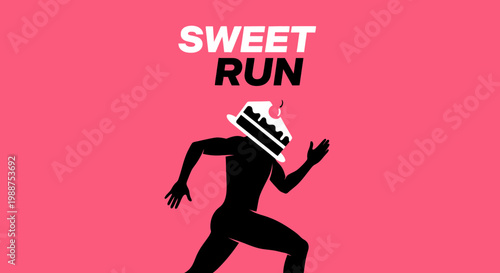 Sweet Run Concept Depicting Cake Headed Runner On Red Background Design Art