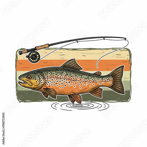 fly fishing illustration featuring a brown trout and rod over a retro sunset background