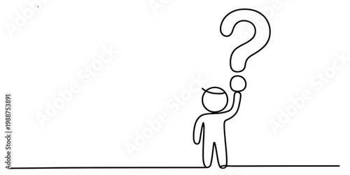 Minimalist line art illustration of a person holding up a large question mark symbol Vector, illustration