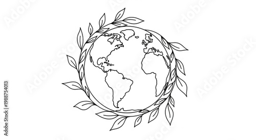 A minimalist line art illustration of the Earth surrounded by a wreath of leaves