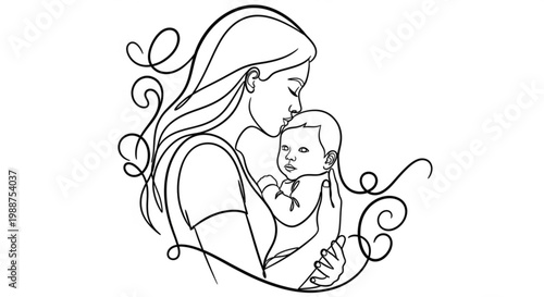 A minimalist line art illustration of a mother tenderly holding and kissing her baby