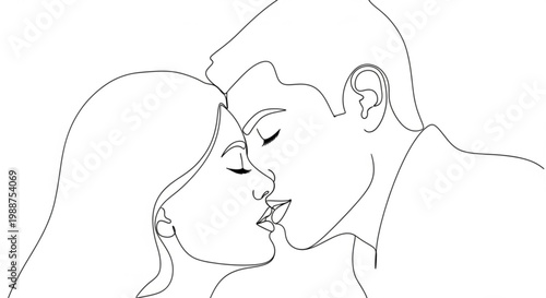 A minimalist line art illustration of a romantic couple sharing a tender kiss