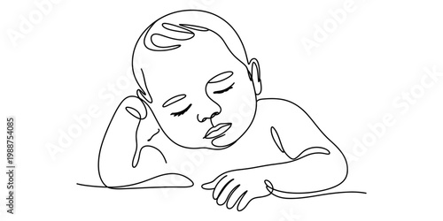 Continuous line drawing of a sleeping baby lying down with eyes closed and peaceful expression. Vector, illustration