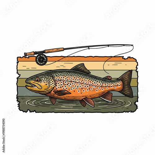 fly fishing illustration featuring a brown trout and rod over a retro sunset background