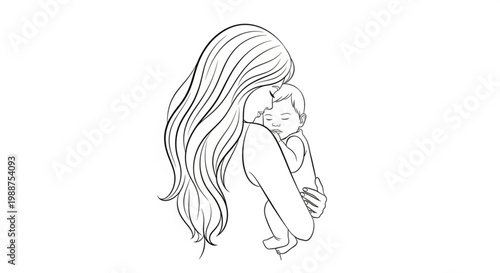 A minimalist line art illustration of a mother holding her baby in a tender embrace