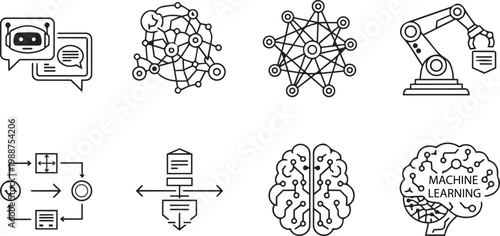 Artificial intelligence and machine learning icons set in line art style for technology concepts