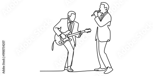 Continuous line drawing of a musician playing electric guitar and a singer performing on stage. Vector, illustration