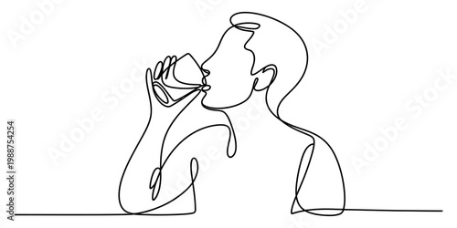 Continuous one line drawing of a man drinking water from a glass on white background. Vector, illustration
