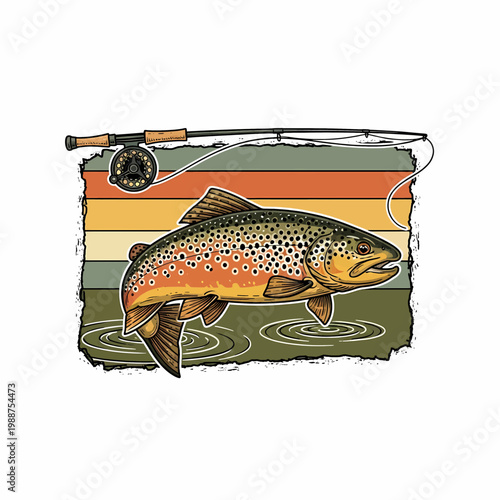 fly fishing illustration featuring a brown trout and rod over a retro sunset background