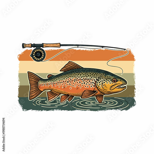 fly fishing illustration featuring a brown trout and rod over a retro sunset background