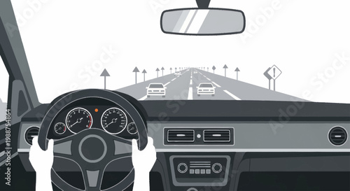 Car interior with steering wheel dashboard.