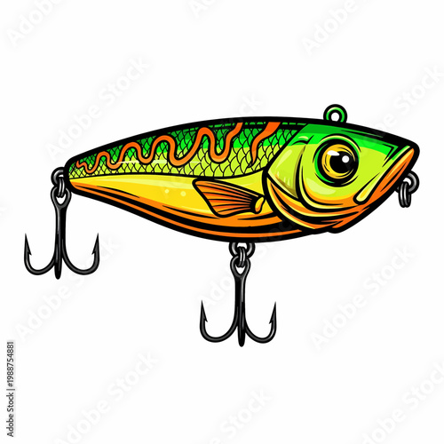 Illustration of a colorful fishing lure with hooks for predator game fish bait design