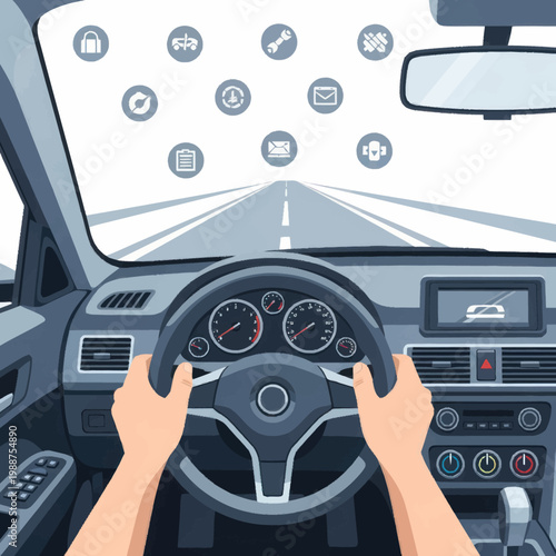 Hands on steering wheel driving.