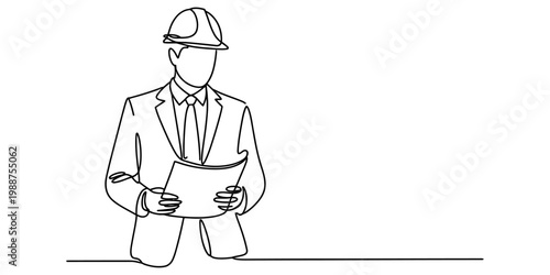 Continuous line drawing of an engineer in a suit and hard hat reviewing a blueprint document. Vector, illustration