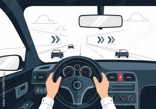 Hands on steering wheel driving.