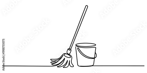 Continuous line art illustration of a cleaning mop and bucket for housekeeping and domestic chores Vector, illustration