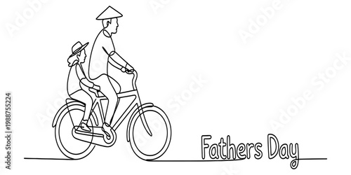 Continuous line drawing of a father and child riding a bicycle with conical hat for fathers day Vector, illustration