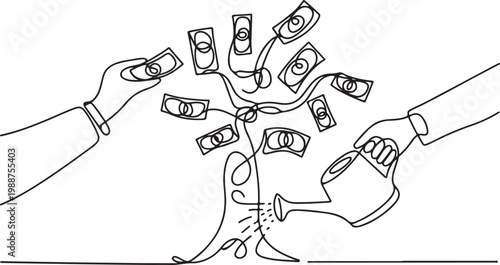 Single continuous line drawing hand pick up dollar banknote from money tree. Hand of businessman who pours money tree. Concept of earnings, success in work, money.one line drawing vector illustration