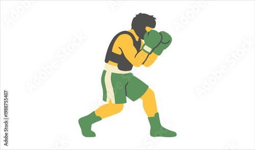 Boxer in protective gear practicing sparring stance with green gloves and shorts isolated on white