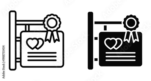 Marriage certificate icon set with hearts and ribbon seal hanging on a sign post for wedding registration and legal union