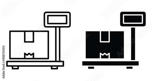 industrial digital scale weighing cardboard box package for shipping logistics warehouse delivery service measurement equipment outline and solid icon set