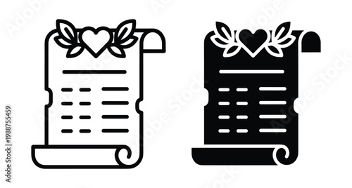 Wedding invitation scroll icon set with heart and leaves for romantic letter marriage certificate valentine day list or love poem