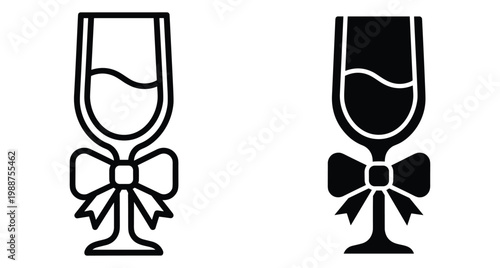 Champagne glass icons with bow tie decoration for wedding celebration party event toast drink alcohol beverage outline and solid style graphic symbol set
