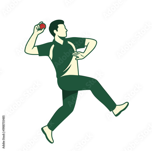 Cricket bowler delivering ball in dynamic motion pose wearing green uniform on white background