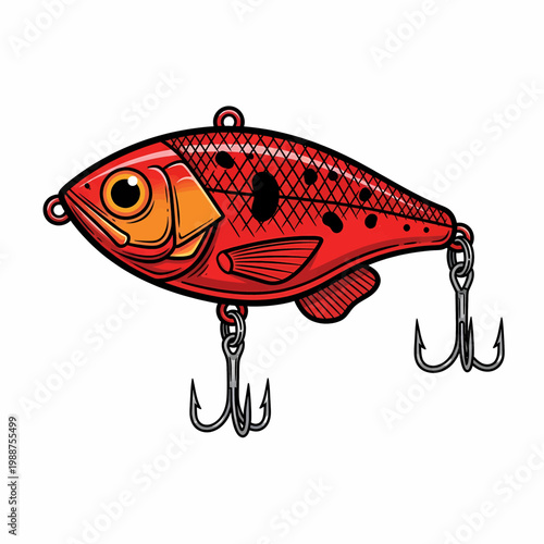 Red fishing lure crankbait illustration with black spots and treble hooks isolated on white