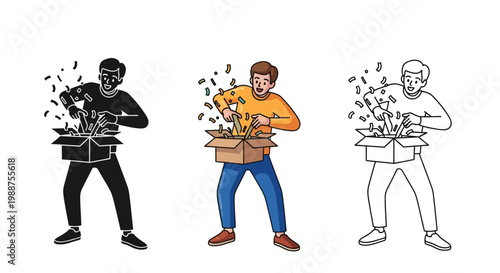 Happy man opening a surprise box with confetti flying out, a joyful vector illustration design
