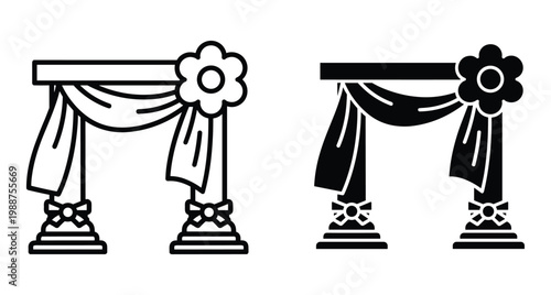 Wedding arch icon set with floral decoration and fabric drapery for marriage ceremony celebration event planning and romantic party design