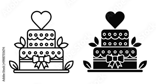 Wedding cake icon set with heart topper bow and leaves in outline and solid black silhouette style for celebration design