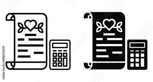 Wedding planning budget icon set featuring paper scroll with heart symbol and electronic calculator for marriage expense calculation and financial management