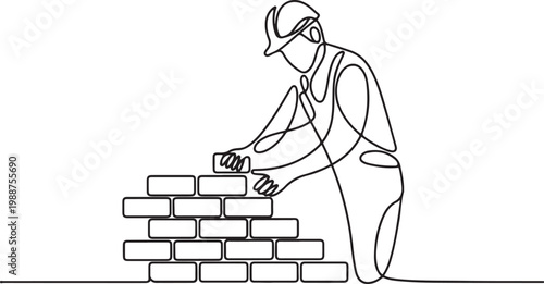 Continuous one line art of repairman building brick wall. Construction worker in uniform and helmet doing work.one line drawing vector illustration