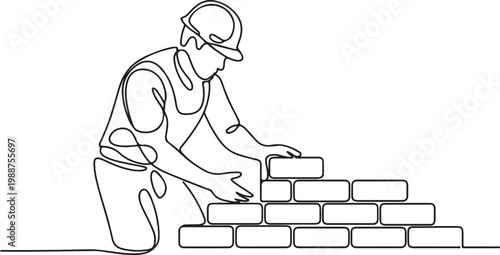 Continuous one line art of repairman building brick wall. Construction worker in uniform and helmet doing work.one line drawing vector illustration