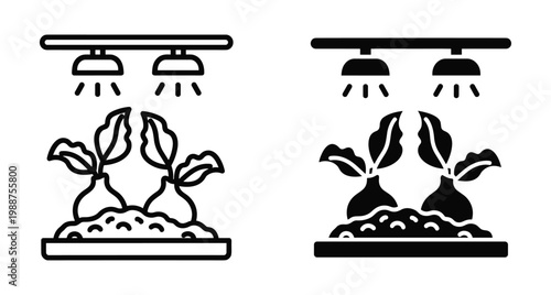 Indoor hydroponic farming system icon set with grow lights and young plants growing in soil for smart agriculture technology concept